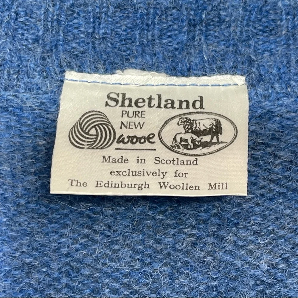Vintage Shetland Pure New Wool V-Neck Sweater Blue Made In Scotland Classic 40 L - Picture 5 of 16